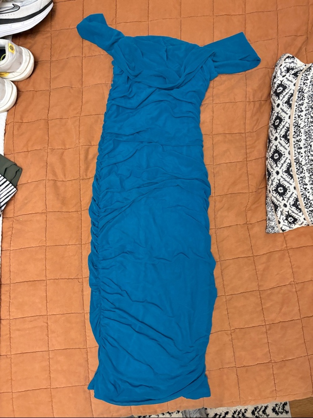 Off-Shoulder Ruched Midi Dress in Teal Blue
